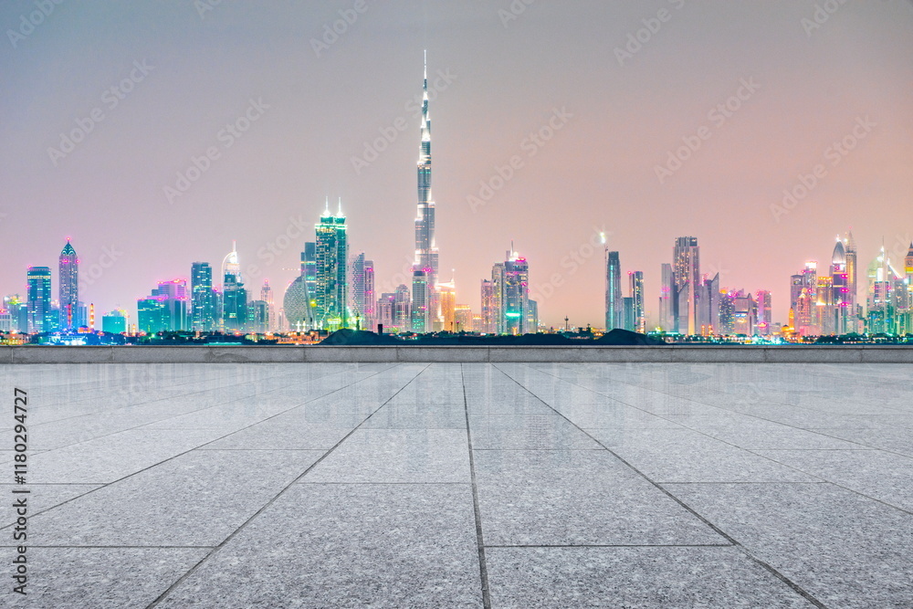 Obraz premium road skyline city night building landscape dubai cityscape street travel 