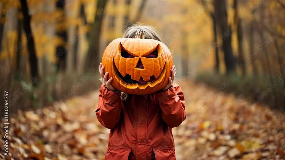 A child holds a spooky halloween pumpkin up as as halloween mask costume.