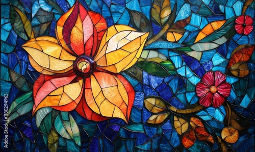 Colorful and vibrant mosaic with a floral design, handcrafted and showing the stained glass effect.