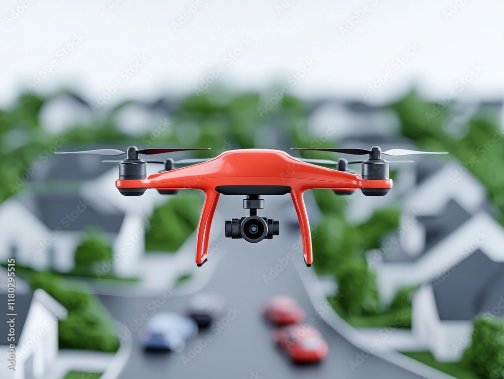 Concept of a drone providing contactless meal delivery in suburban neighborhoods. Concept of a drone providing contactless meal delivery in suburban neighborhoods.