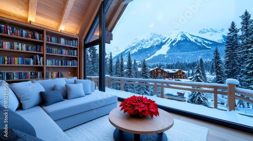 An interior setting for a virtual room with a bookshelf background decorated for Christmas, showcasing a home library and study, a window view of snowy mountains and hills, and holiday poinsettias,