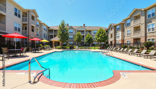Swimming pool area with lounge chairs and umbrellas