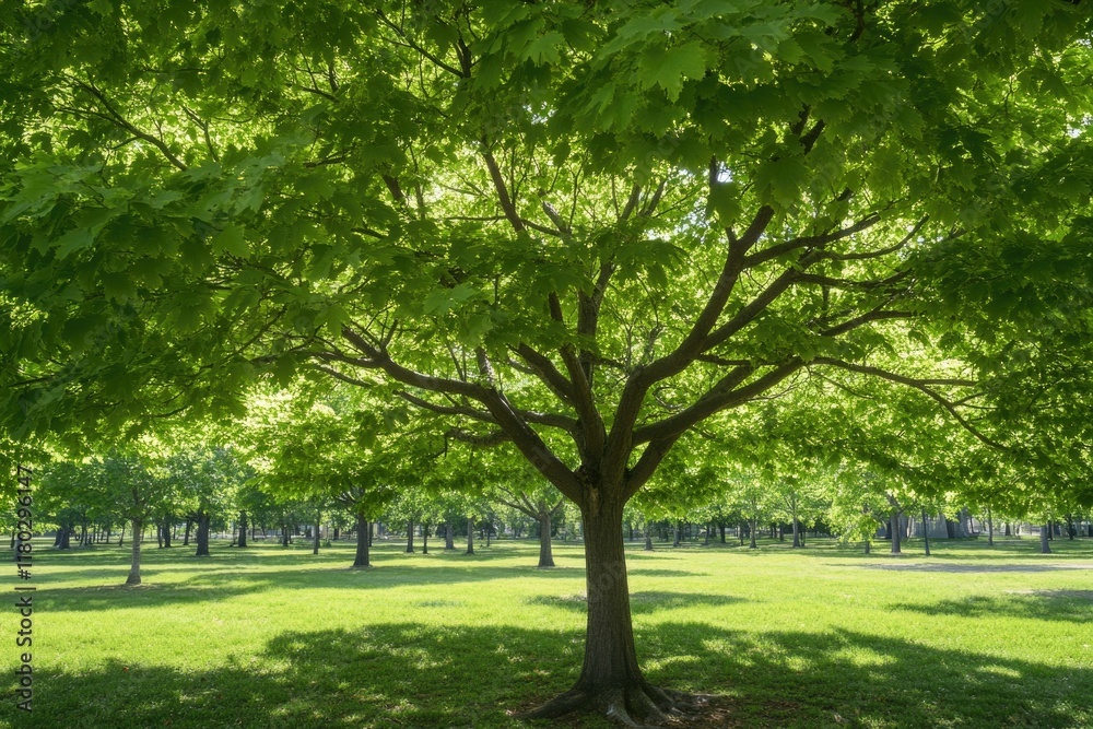 A tree with lush green leaves standing in a park A tree with lush green leaves standing in a park