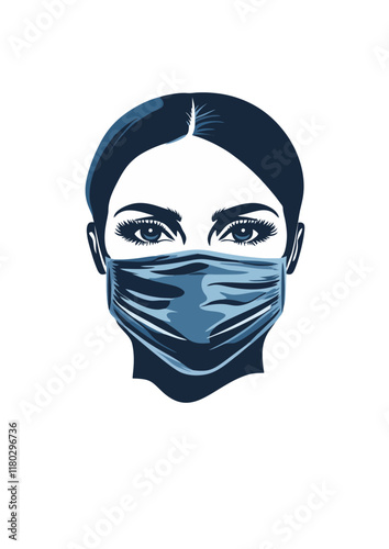 Vector woman wearing medical mask, serious expression, blue tones, health and safety theme photo