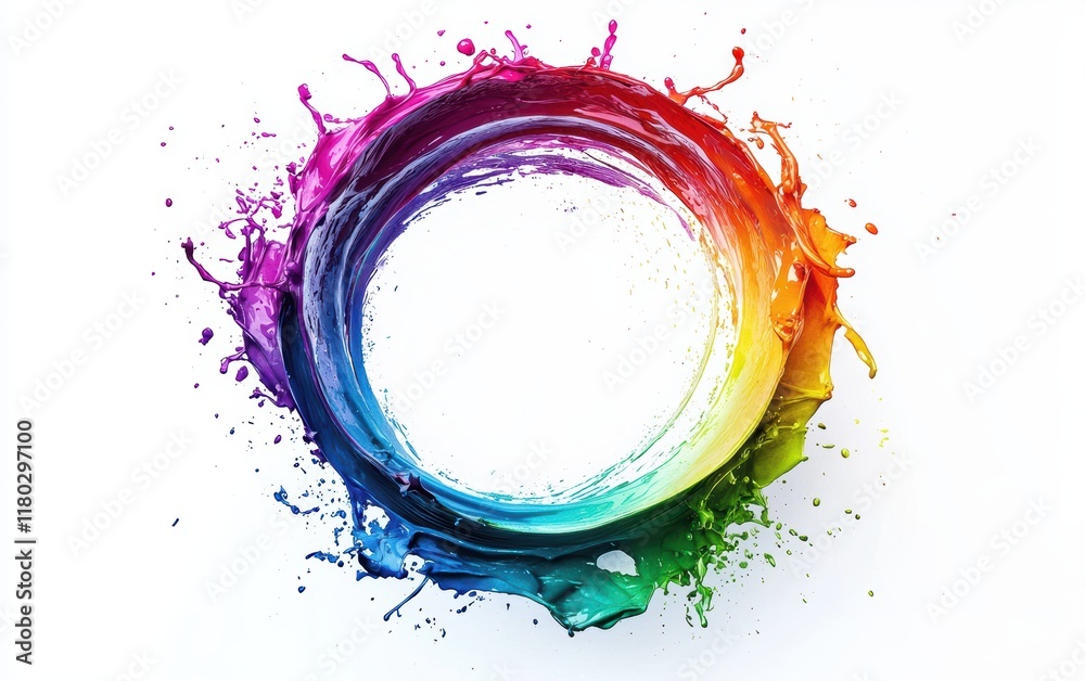 A circular rainbow splash effect with artistic paint strokes on a clean white background A circular rainbow splash effect with artistic paint strokes on a clean white background