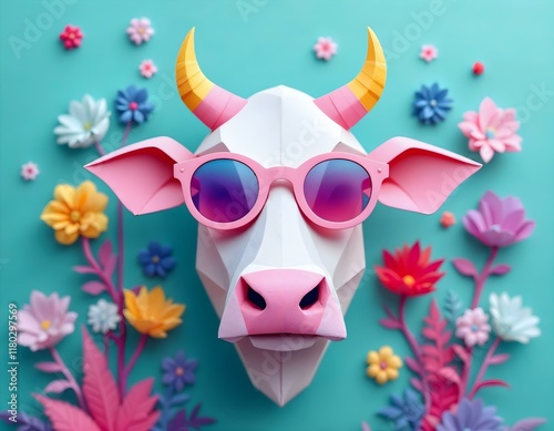 Paper craft, cow head sculpture, pastel colors, sunglasses, colorful flowers, teal background, 3D paper art, whimsical, playful, pop art style, yellow horns, pink snout, quirky, vibrant, fun, surreal