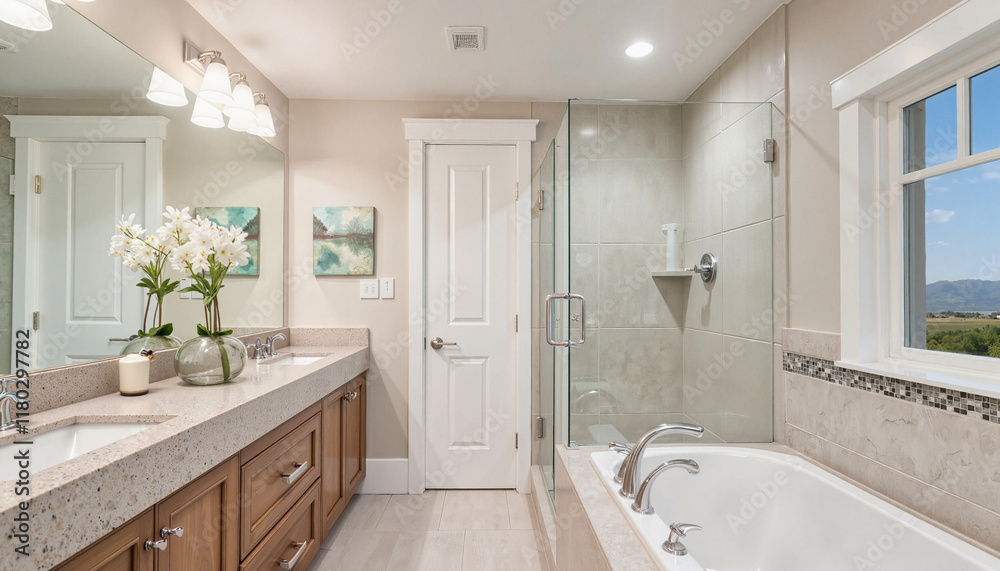 Modern bathroom with elegant decor and natural light Modern bathroom with elegant decor and natural light