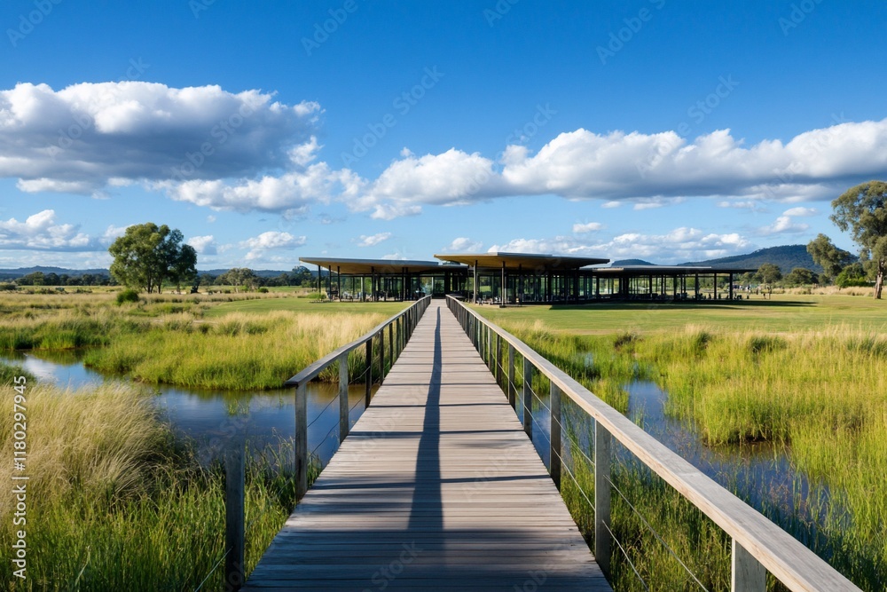 Modern clubhouse boardwalk, wetland view, sunny day Modern clubhouse boardwalk, wetland view, sunny day