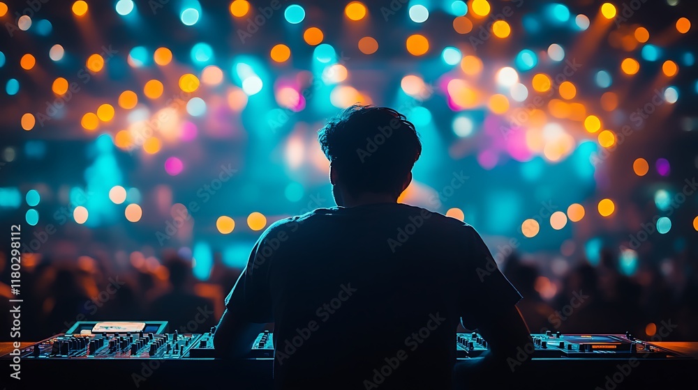 A DJ performing at a vibrant concert with colorful lights in the background. A DJ performing at a vibrant concert with colorful lights in the background.