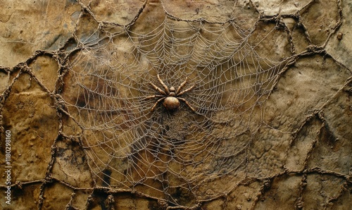 Close up of a net with a spider web on it. The spider web is in the center of the net and is surrounded by the net's strings. The spider web is made of a brown material and he is old and worn