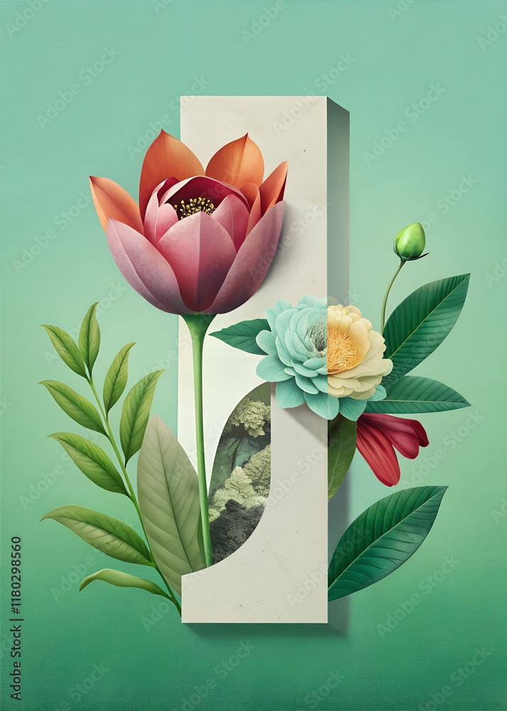 Fototapeta premium Beautiful floral arrangement featuring vibrant flowers and leaves with an artistic design set against a soft green background, capturing the essence of nature and creativity