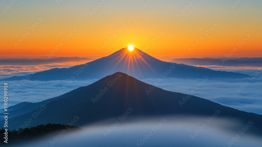 Sunrise over Mt. Fuji from mountain peak above clouds. Sunrise over Mt. Fuji from mountain peak above clouds.