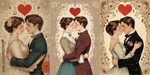 Collection set of vintage style illustration of two lovers embracing each other.