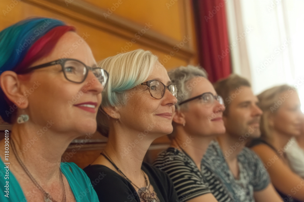 A group of people are sitting together, with one woman wearing a blue shirt A group of people are sitting together, with one woman wearing a blue shirt