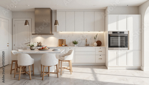 Modern kitchen with white cabinetry and marble accents