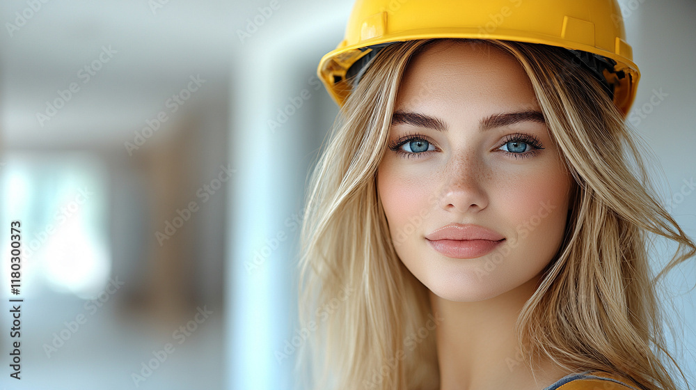Confident beautiful sexy female construction worker smiling on a construction site wearing safety gear conveying empowerment ambition and beauty with a blurred empty caption area symbolizing potential Confident beautiful sexy female construction worker smiling on a construction site wearing safety gear conveying empowerment ambition and beauty with a blurred empty caption area symbolizing potential