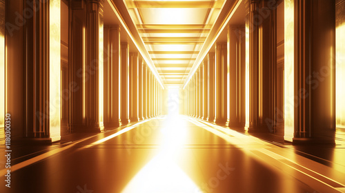 A long, infinite stone hallway with decorative columns bathed in golden lighting.