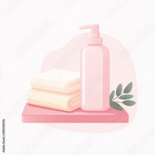 Cosmetic tools such as liquid soap in a bottle, soap bars and towel stack. Modern illustration. White background. Pink pastel colors.