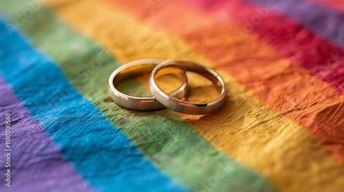 Two gold wedding rings resting on a rainbow lgbt flag symbolizing love and marriage equality