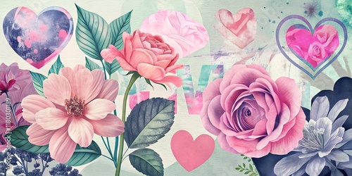 Wallpaper Mural Vibrant floral collage with hearts blending shades of pink and purple in a romantic and artistic display Torontodigital.ca