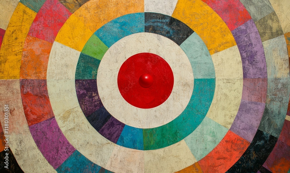 Colorful image of a circle with a red dot in the center. The circle is made up of different colored circles, and the red dot is in the center.