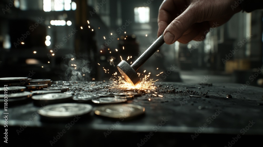 Obraz premium Sparks fly as a hand wields a hammer in a workshop, the intensity of the strike accentuated by the metallic glow and dynamic energy.
