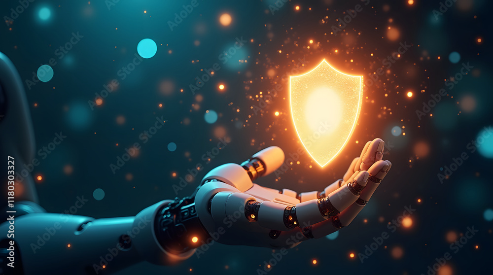 Obraz premium A robotic hand holding a glowing shield, surrounded by floating holographic data particles