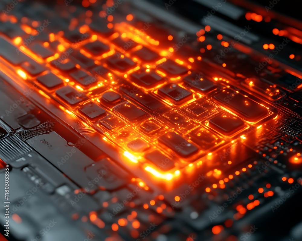 Glowing orange keyboard circuit board. Glowing orange keyboard circuit board.