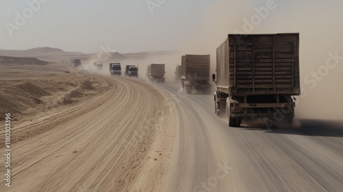 Dust rises behind a convoy of trucks journeying through the desert, along a winding road that stretches towards the hazy horizon under a sunlit sky.