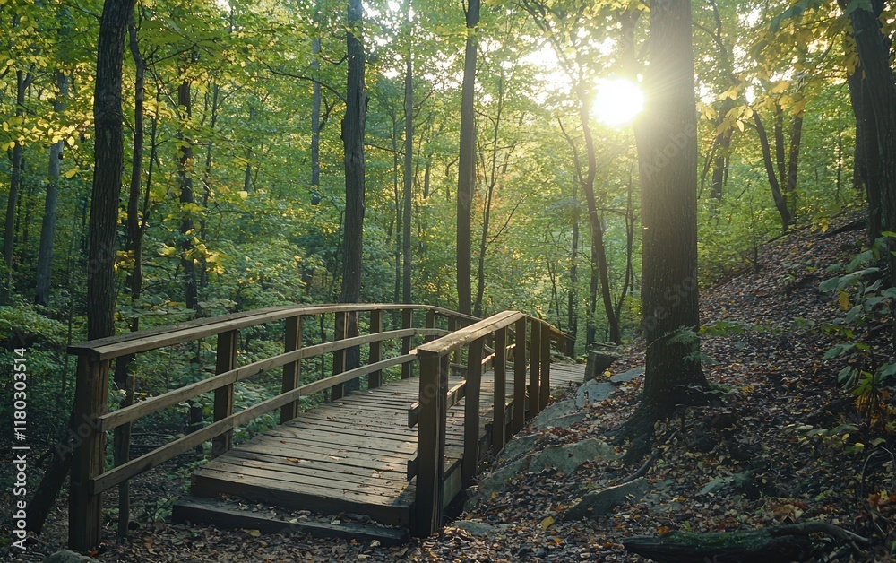 A rustic wooden trail leading to a scenic overlook in a dense forest with sunlight streaming through A rustic wooden trail leading to a scenic overlook in a dense forest with sunlight streaming through