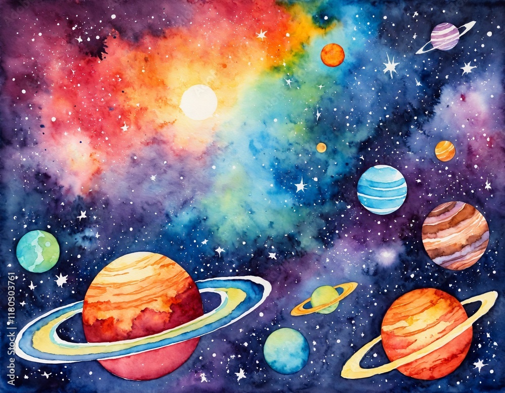 Fototapeta premium Vibrant Watercolor Illustration of Planets and Stars in a Colorful Galaxy
