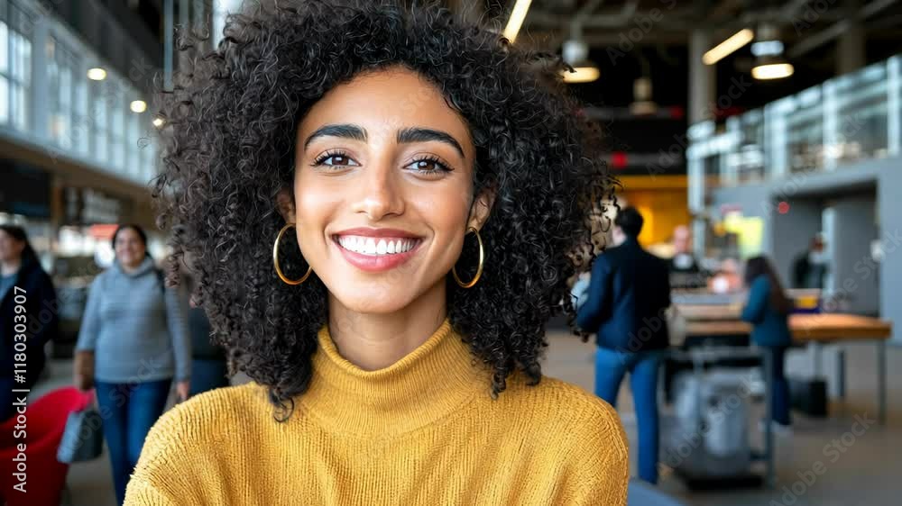Smiling woman with curly hair in a bustling indoor market during daylight hours Smiling woman with curly hair in a bustling indoor market during daylight hours