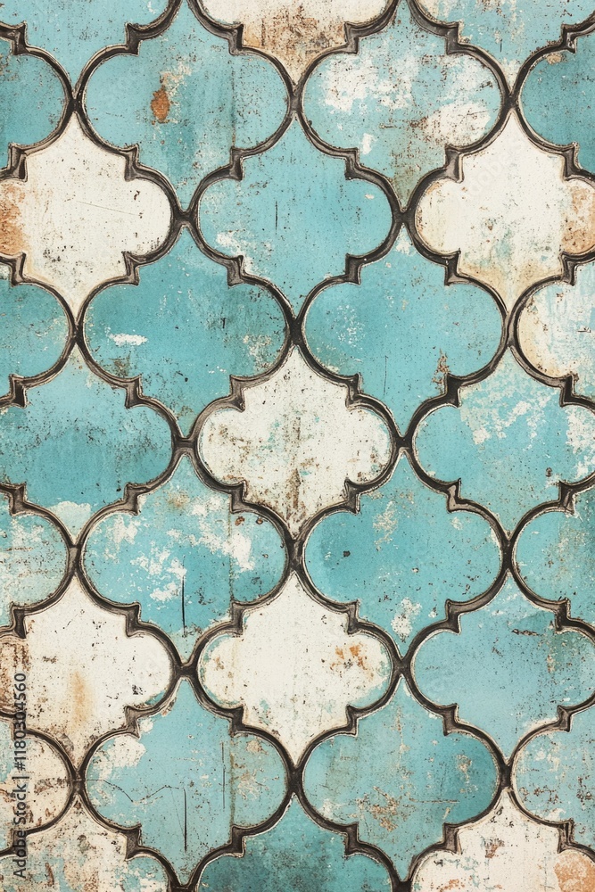 Fototapeta premium Blue and White Tiled Wall with Rust