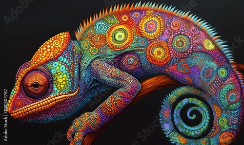 Colorful, vibrant artistic depiction of a chameleon with intricate patterns and designs. photo