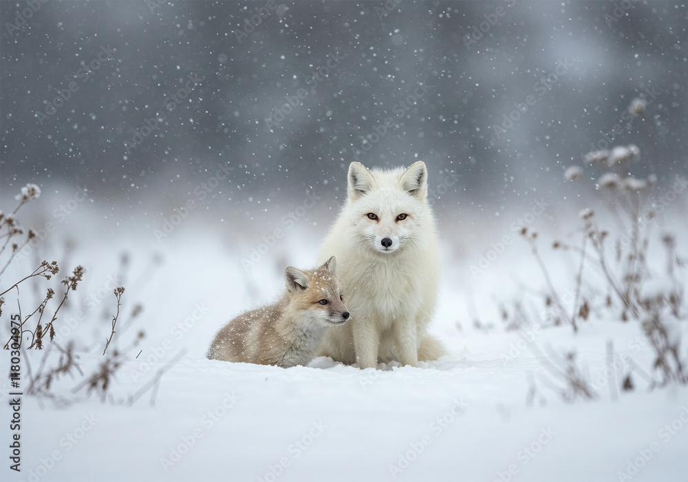 Obraz premium White cute fox with cub outdoors covered in snow