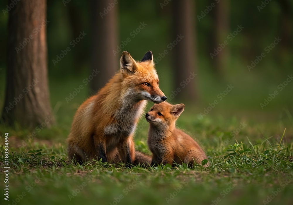 Obraz premium Red fox with cub in natural habitat