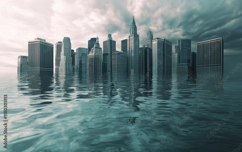 Fototapeta premium A submerged cityscape with buildings partially underwater, depicting rising sea levels