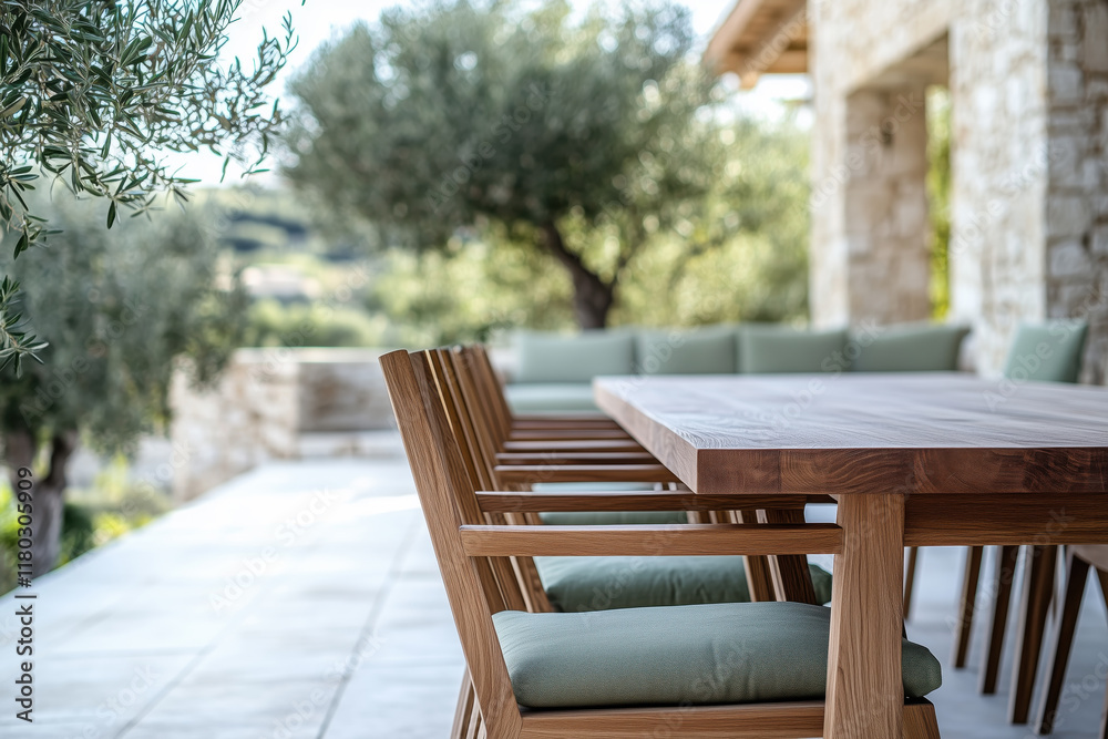 Outdoor dining area with modern wooden furniture under olive trees. Outdoor dining area with modern wooden furniture under olive trees.