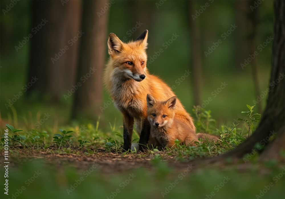 Obraz premium Red fox with cub in natural habitat