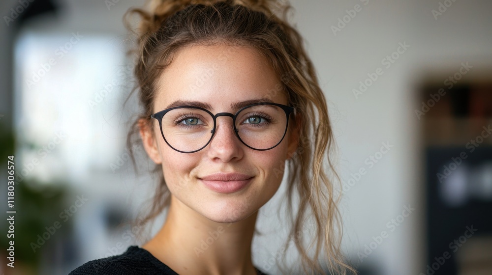A woman with glasses is smiling and looking at the camera A woman with glasses is smiling and looking at the camera