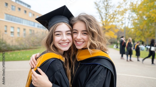 Graduation photography candid shot of a student hugging their sibling after the ceremony, campus setting