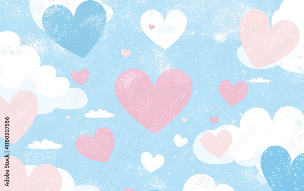 A whimsical sky background with pastel pink and blue heart-shaped clouds for Saint Valentines Day A whimsical sky background with pastel pink and blue heart-shaped clouds for Saint Valentines Day