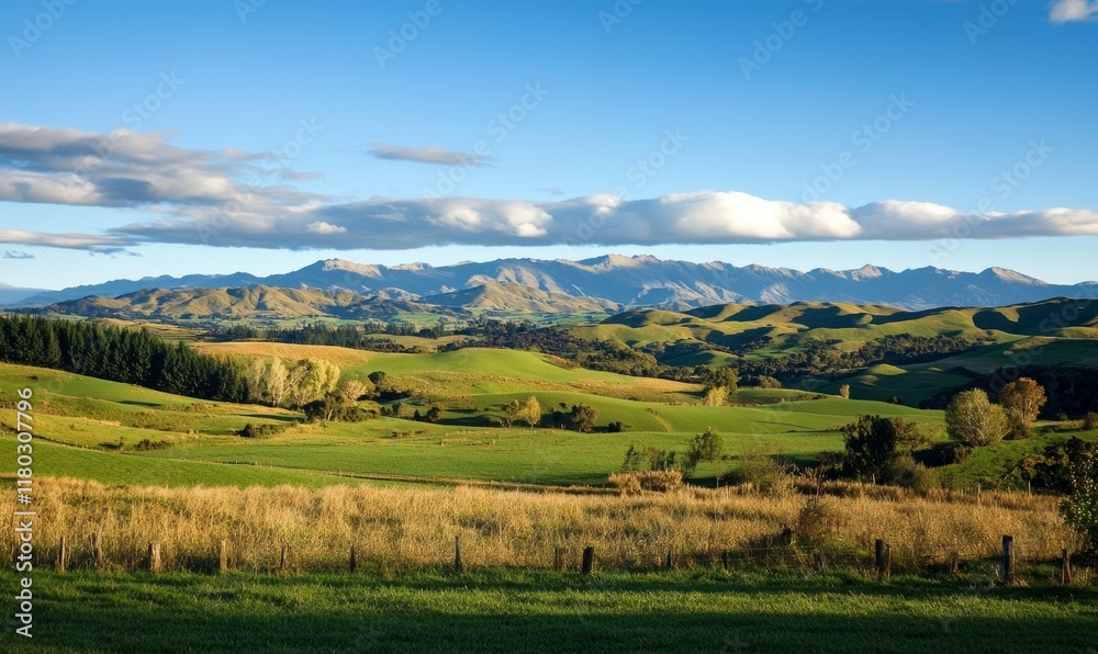 Obraz premium Countryside scene with rolling hills and mountains in the distance under blue sky