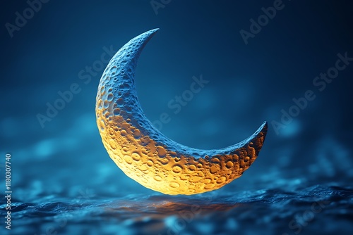 Glowing crescent moon on dark blue surface.