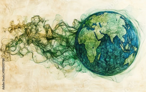 An abstract earth silhouette made of thin green and blue lines on a neutral backdrop.