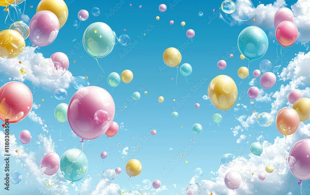 A background of colorful balloons floating against a bright blue sky for birthdays or joyful events