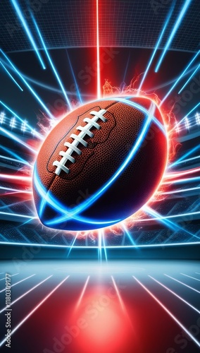 American football with neon red blue energy in a futuristic stadium. Copy space sport background