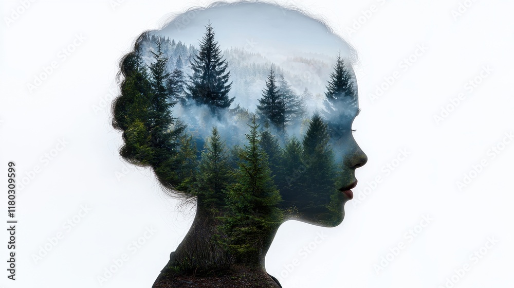 A woman's face is shown in a forest with trees and mist A woman's face is shown in a forest with trees and mist