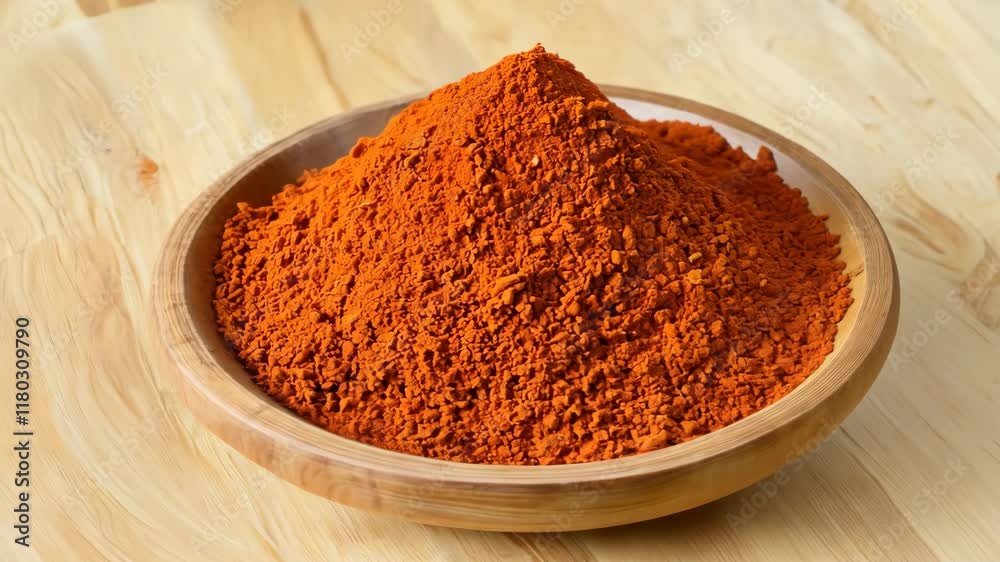 A mound of vibrant chili powder sits in a rustic wooden bowl, its bold red color accentuated by natural light and set on a light wooden surface with warm beige tones and soft shadows A mound of vibrant chili powder sits in a rustic wooden bowl, its bold red color accentuated by natural light and set on a light wooden surface with warm beige tones and soft shadows