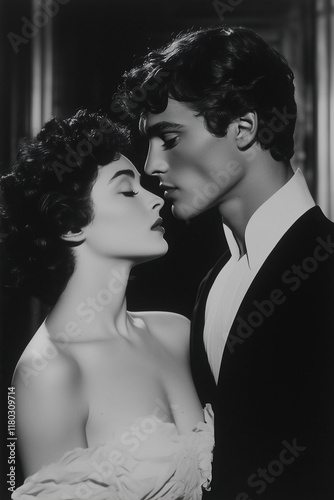 A couple shares an intimate embrace, capturing the essence of romance and elegance. The man wears tuxedo, while the woman is in a delicate, flowing dress. Retro, vintage poster style. Studio shot photo